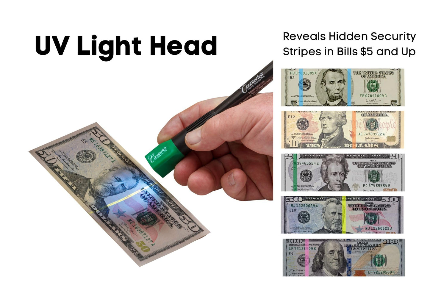 Dri Mark Dual Test - The Original Counterfeit Detection Marker Pen with UV LED Cap, Tests for Security Strips and Authentic Currency Paper - 4 UV Light/Pen Combinations Plus 2 Holders with Coil