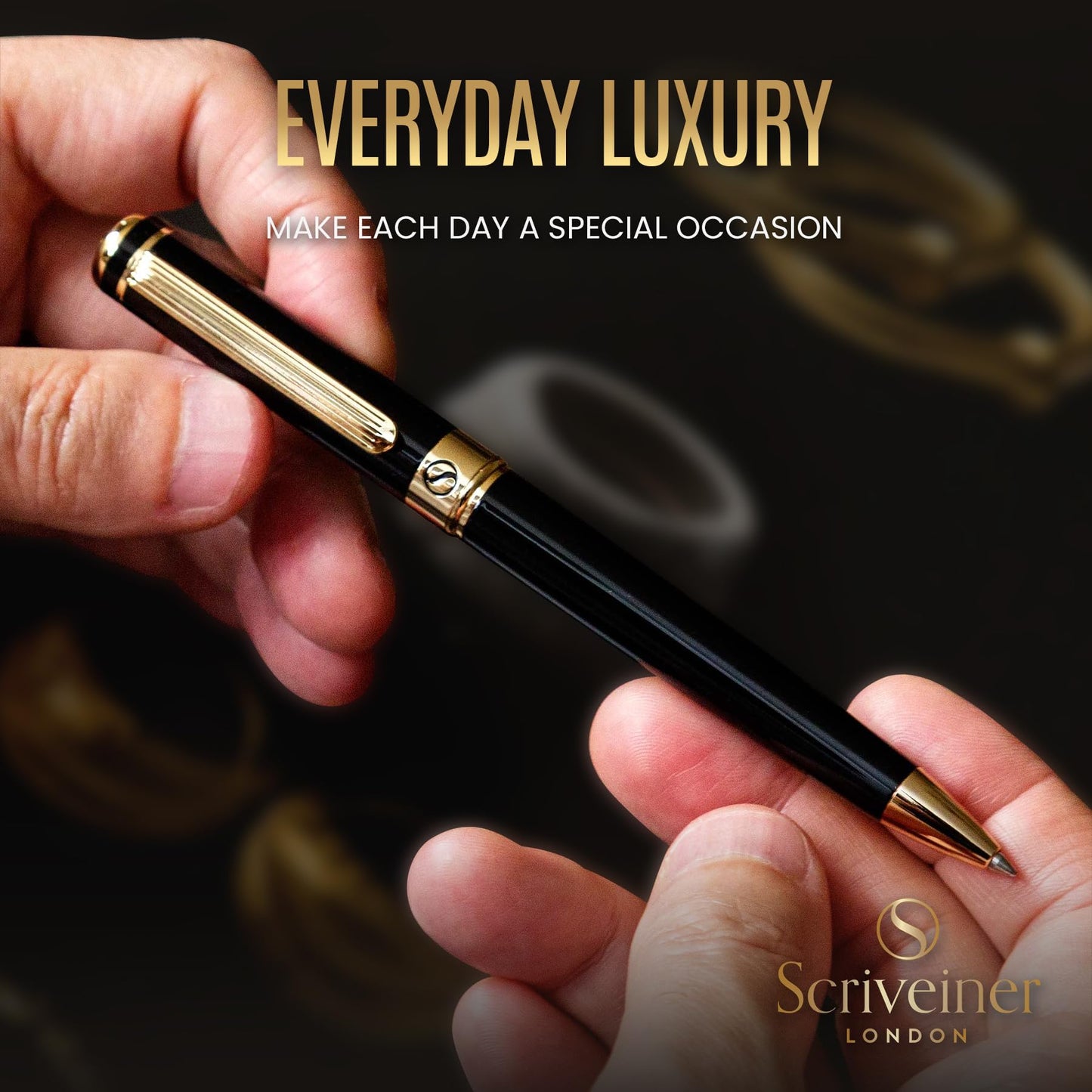 Scriveiner Black Lacquer Ballpoint Pen - Stunning Luxury Pen with 24K Gold Finish, Schmidt Black Refill, Best Ball Pen Gift Set for Men & Women, Professional Executive Office, Nice Fancy Designer Pens