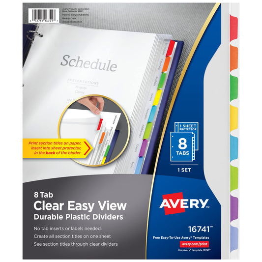 Avery Clear Easy View Durable Plastic Dividers for 3 Ring Binders, 8-Tab Set, Bright Multicolor, 1 Set (16741)