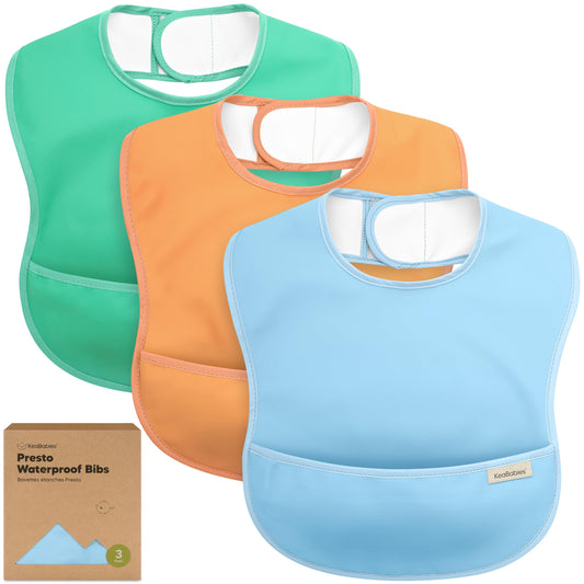 3-Pack Waterproof Baby Bibs for Eating - Lightweight Baby Bib with Food Catcher, Mess Proof Toddler Bibs, Waterproof Bibs for Baby Boys, Baby Girls, Feeding Bibs, Drool Bibs, Baby Food Bibs (Basics)