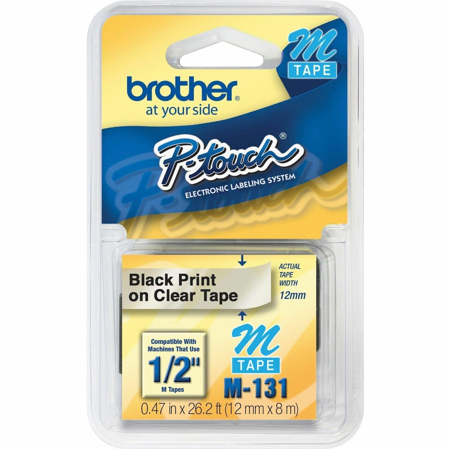 Brother Genuine P-Touch M-131 Tape, 1/2" (0.47") Standard P-Touch Tape, Black on Clear, for Indoor Use, Water Resistant, 26.2 Feet (8M), Single-Pack