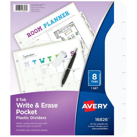 Avery Durable Plastic 8 Tab Write & Erase Dividers for 3 Ring Binders, Slash Pocket, Translucent White, Works with Sheet Protectors, 1 Set (16826)
