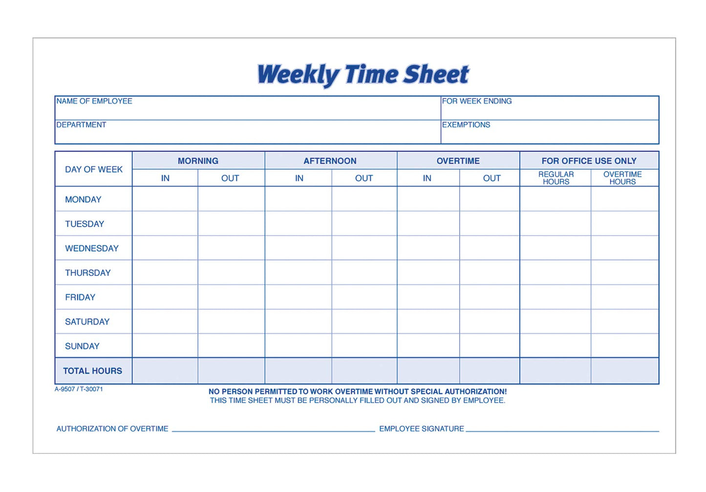 Adams Time Sheet, 9 x 5.5 Inch, Weekly Format, 2-Part, Carbonless, 100-Pack, White, Canary (NC9507)