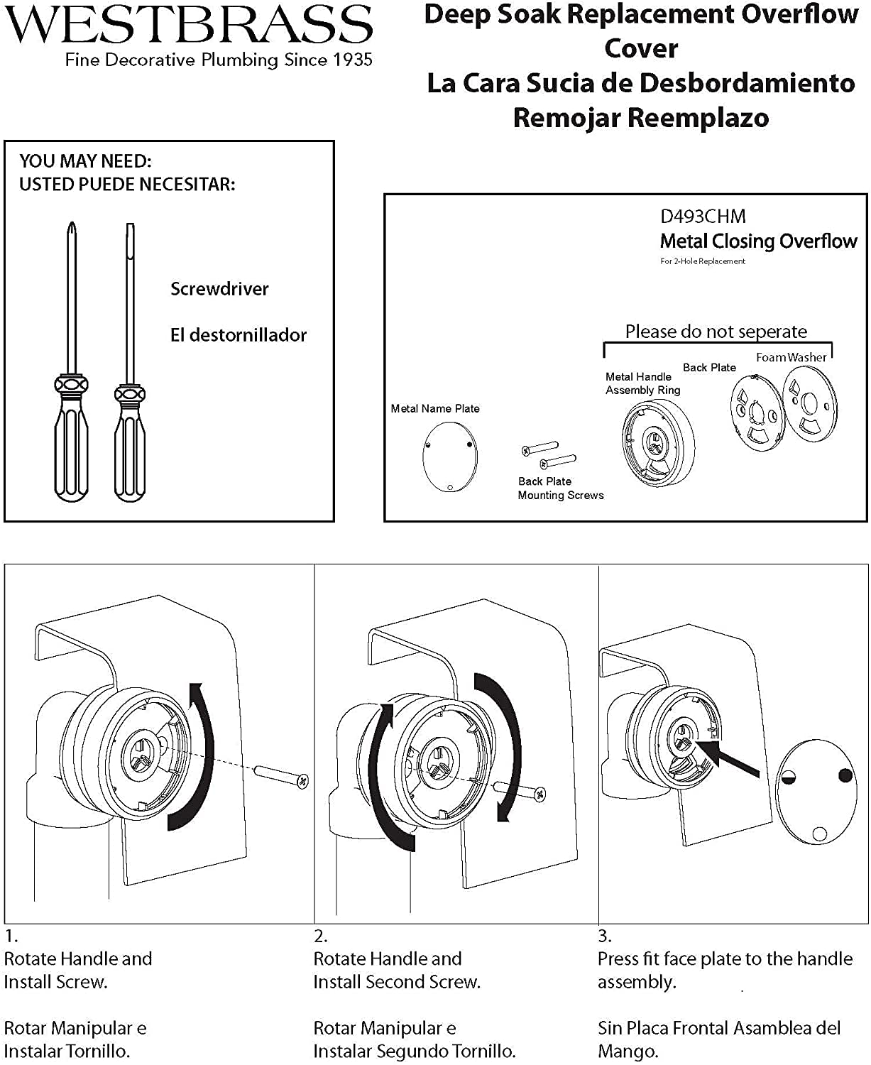 Westbrass D493CHM-12 Universal Patented Deep Soak Round Replacement 2-Hole Bathtub Overflow Cover for Full and Over-Filled Closure, 1 Pack, Oil Rubbed Bronze