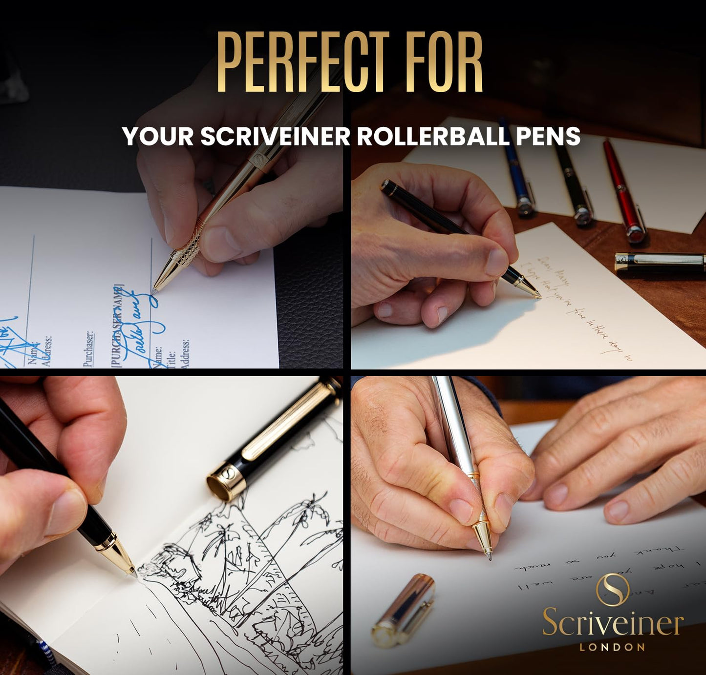 Scriveiner Rollerball Refill Black Fine - 4 Rollerball Refills Designed for Scriveiner Pens - Safety Ceramic Non Dry Roller Pen Refill F - Schmidt 888 Size – Made in Germany