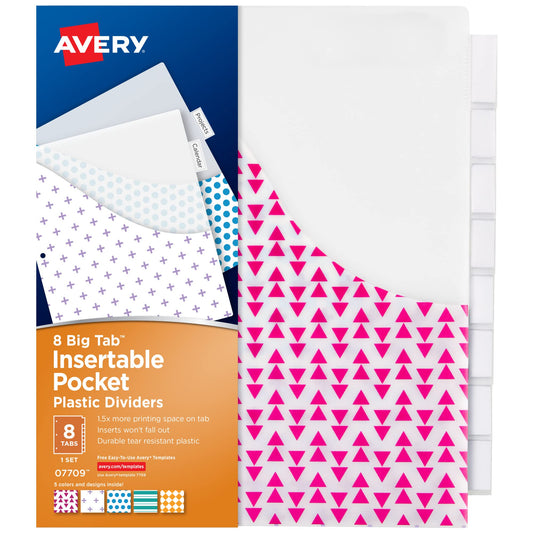 Avery Dividers for 3 Ring Binders, 8 Tab Binder Dividers, Plastic Binder Dividers with Pockets, Insertable Big Tabs, Vibrant Geometric Patterns, Works with Sheet Protectors, 1 Set (07709)