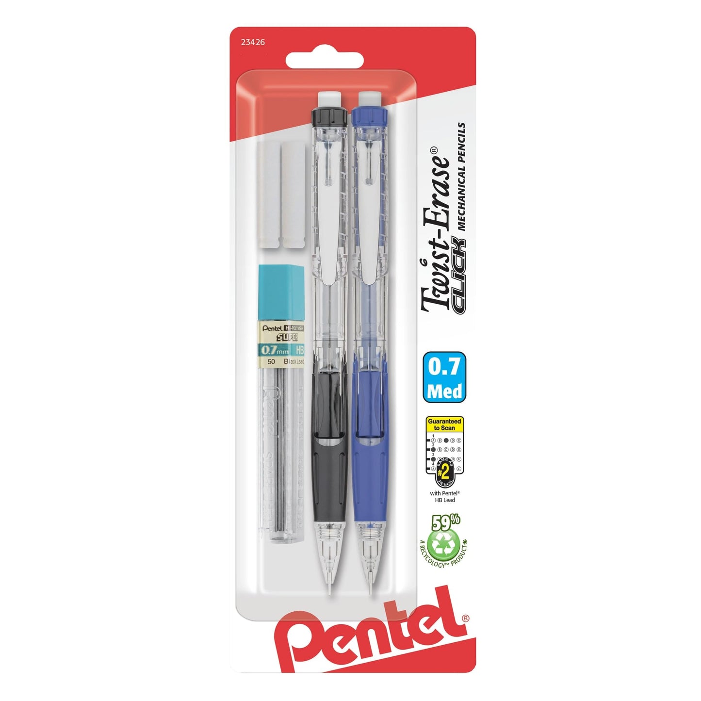 Pentel� Twist-Erase� CLICK Mechanical Pencils, Fine Point, 0.5mm, HB Hardness, Assorted Barrels, Pack Of 2