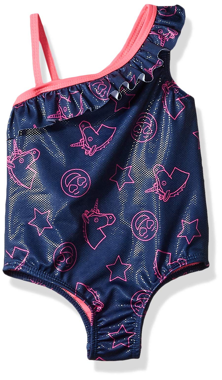 Pink Platinum Girls' Unicorn Emoji Print One Piece Swimsuit, Navy, 24M