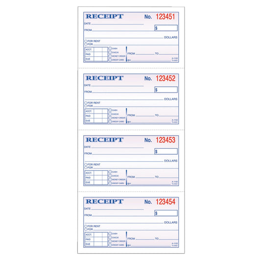 Adams Money and Rent Receipt, Carbonless, 5.25 x 11 Inches, White and Canary, 2-Parts, 4 Sets per Page, 200 Sets per Book (DC1152)