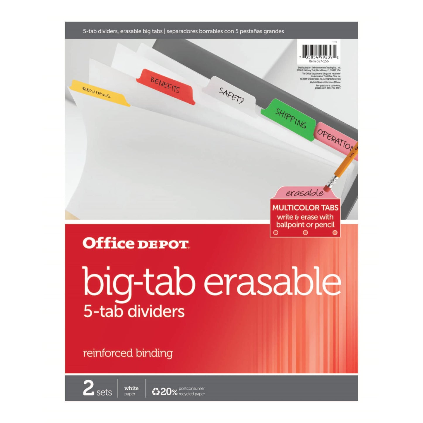 Office Depot Erasable Big Tab Dividers, 5-Tab, Assorted Colors, Pack of 2 Sets, 3585478683