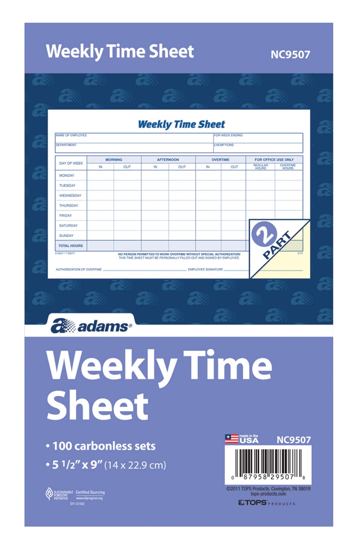 Adams Time Sheet, 9 x 5.5 Inch, Weekly Format, 2-Part, Carbonless, 100-Pack, White, Canary (NC9507)