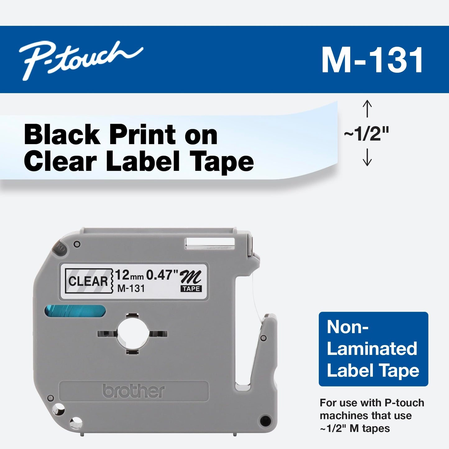 Brother Genuine P-Touch M-131 Tape, 1/2" (0.47") Standard P-Touch Tape, Black on Clear, for Indoor Use, Water Resistant, 26.2 Feet (8M), Single-Pack