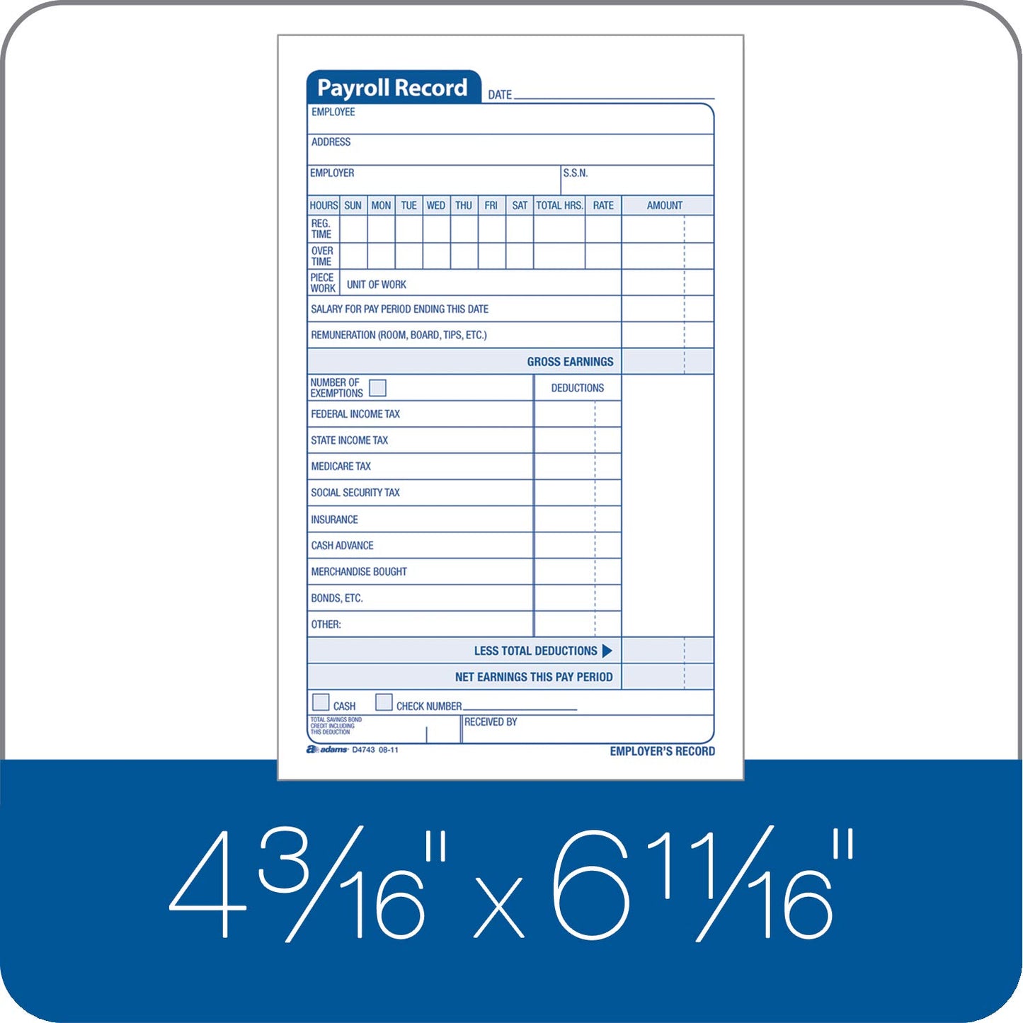 Adams Employee Payroll Record Book, 4.19 x 7.19 Inches, White and Canary, 2-Part, 55 Sets (D4743)