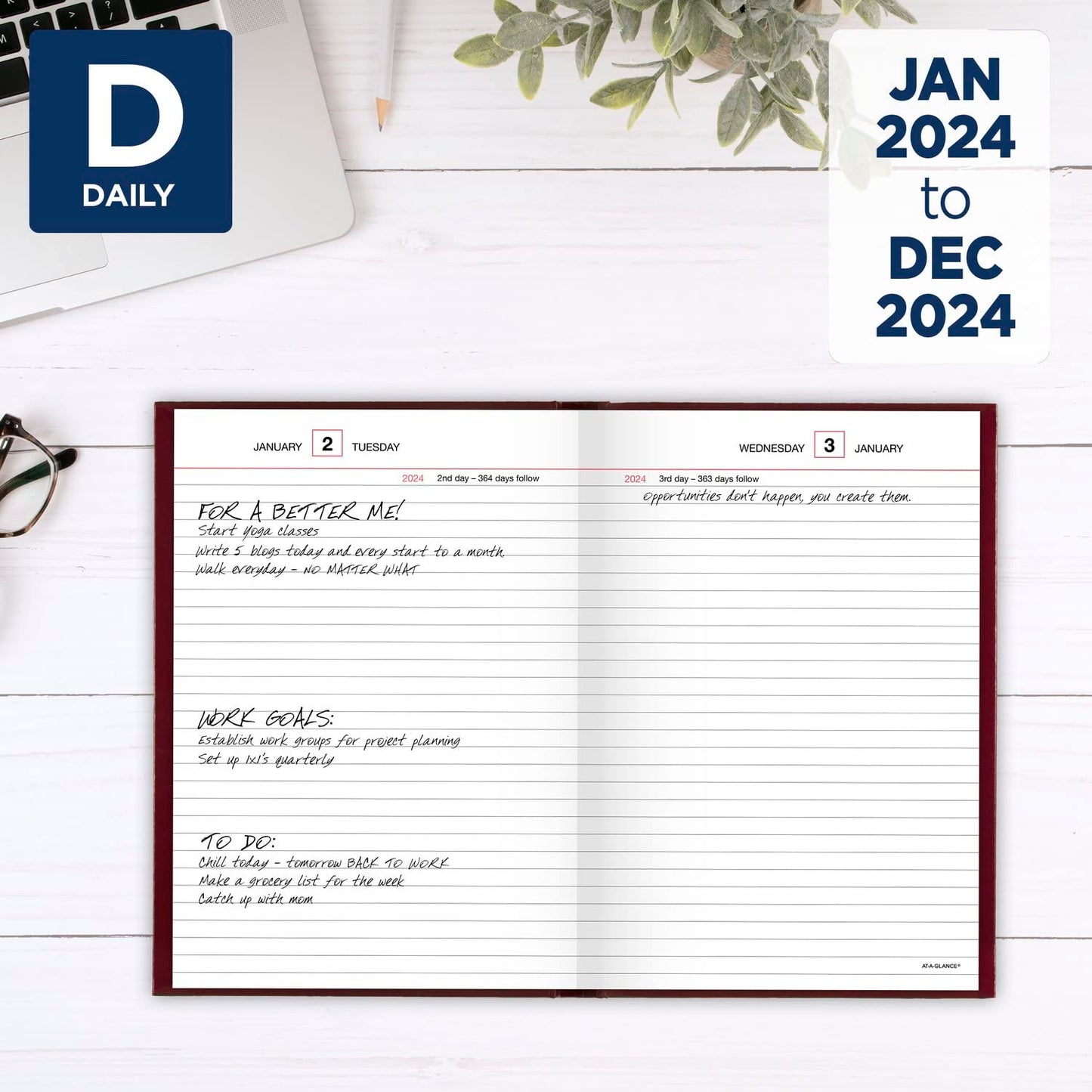 AT-A-GLANCE 2024 Daily Diary, Standard Planner Journal, 12 Month, 5-3/4" x 8-1/4", Small, Hardcover, Red (SD3891324)