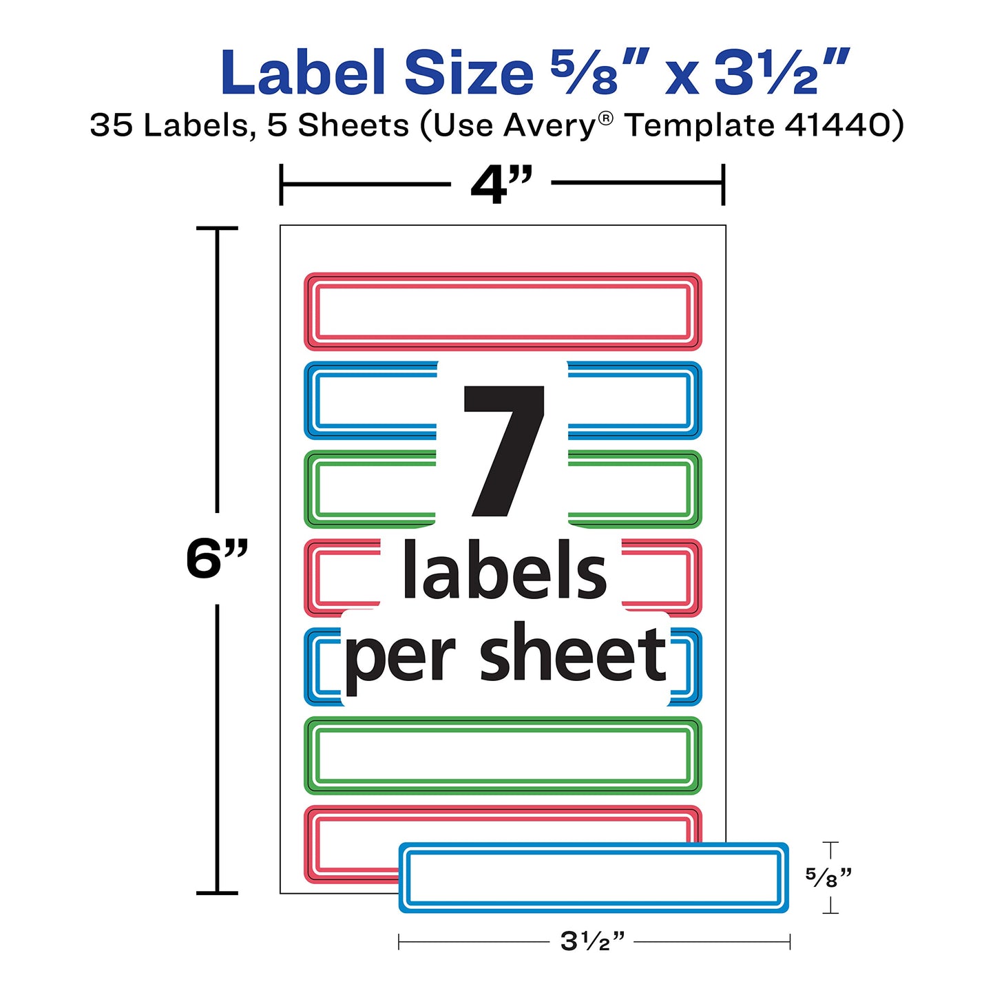 Avery(R) Durable Labels for Kids' Gear, 5/8" x 3-1/2", Assorted Border Colors, Water-Resistant Labels, 35 Rectangle Labels Total (41440)