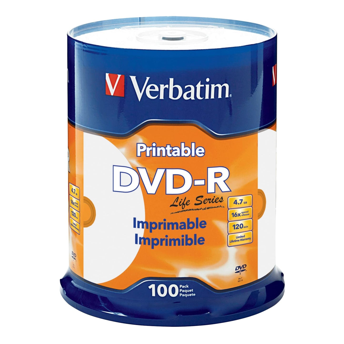 Verbatim� Life Series DVD-R Printable Disc Spindle, Pack Of 100