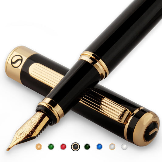 Scriveiner Luxury Fountain Pen - Stunning Black Lacquer Pen, 24K Gold Finish, Schmidt 18K Gilded Nib (Medium), Converter, Best Pen Gift Set for Men & Women, Professional, Executive, Office, Nice Pens