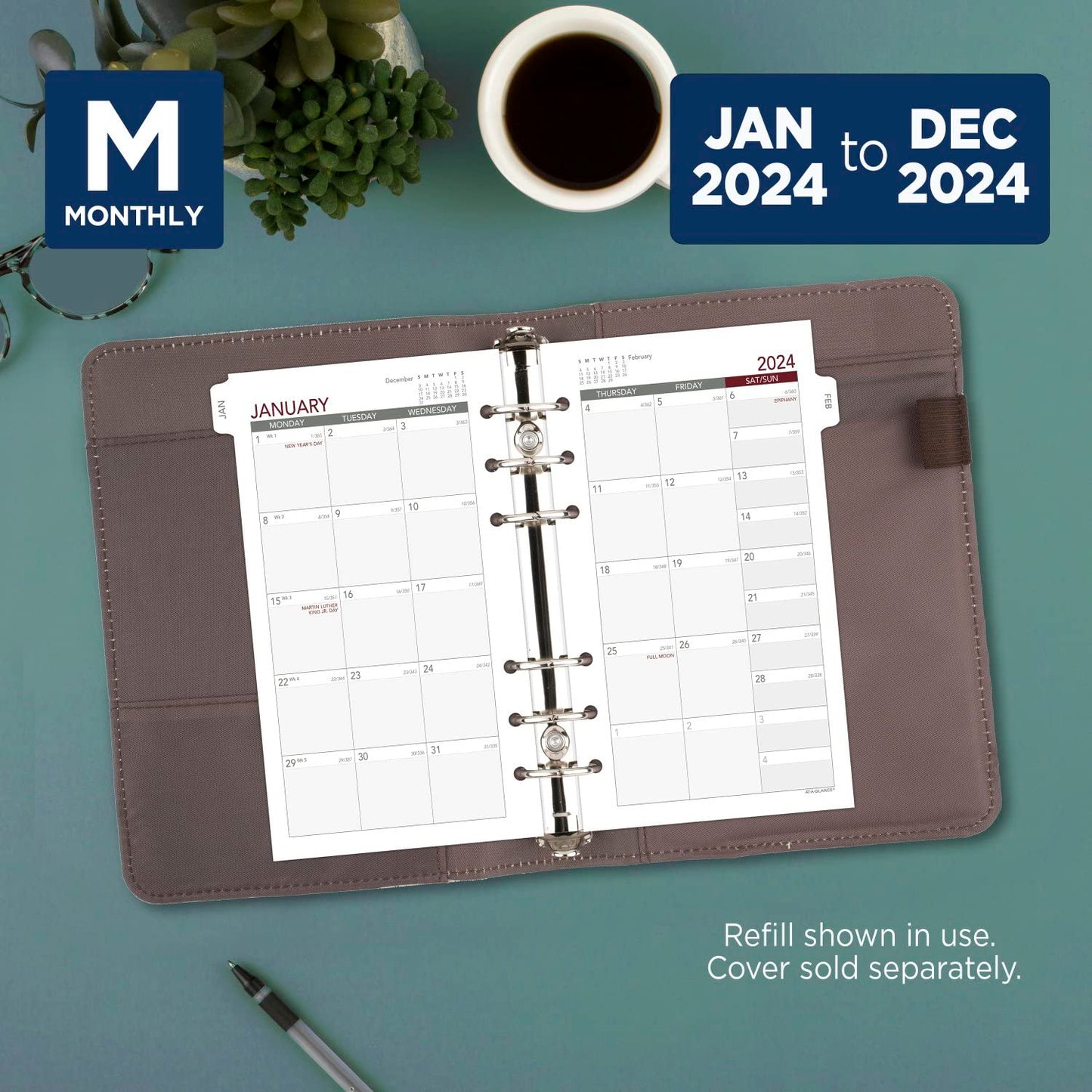 AT-A-GLANCE 2024 Monthly Planner Refill, 3-3/4" x 6-3/4", Portable Size 3, Loose-Leaf (063-685Y)