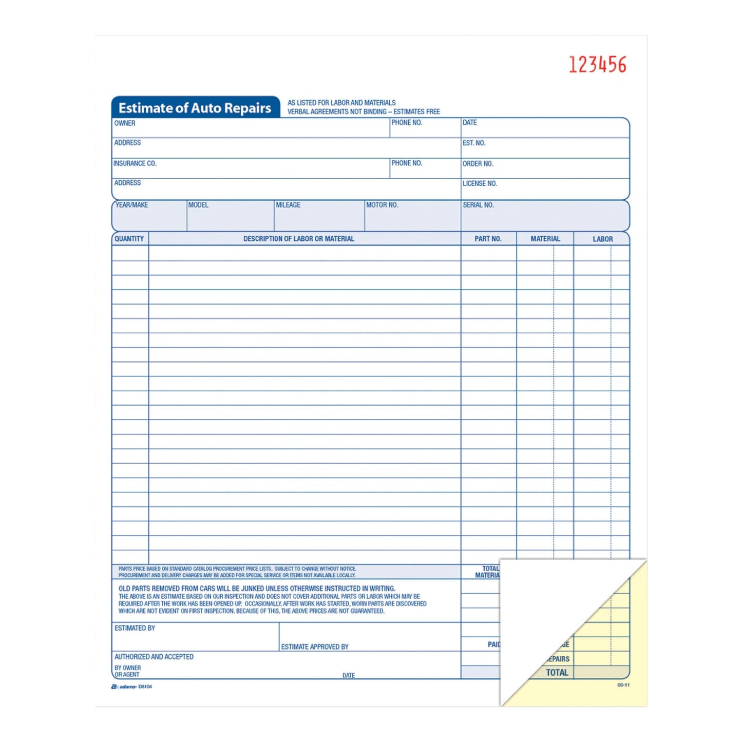 Adams Auto Repair Estimate Book, 2-Part, Carbonless, White/Canary, 8-3/8 x 10-11/16 Inches, 50 Sets per Book (D8104)