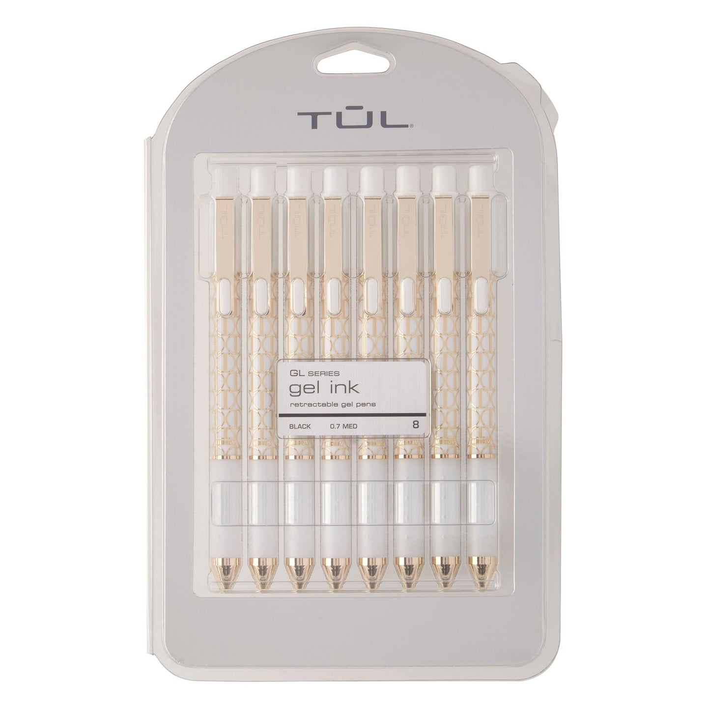 TUL® GL Series Retractable Gel Pens, Medium Point, 0.7 mm, White Geometric Barrel, Black Ink, Pack Of 8 Pens