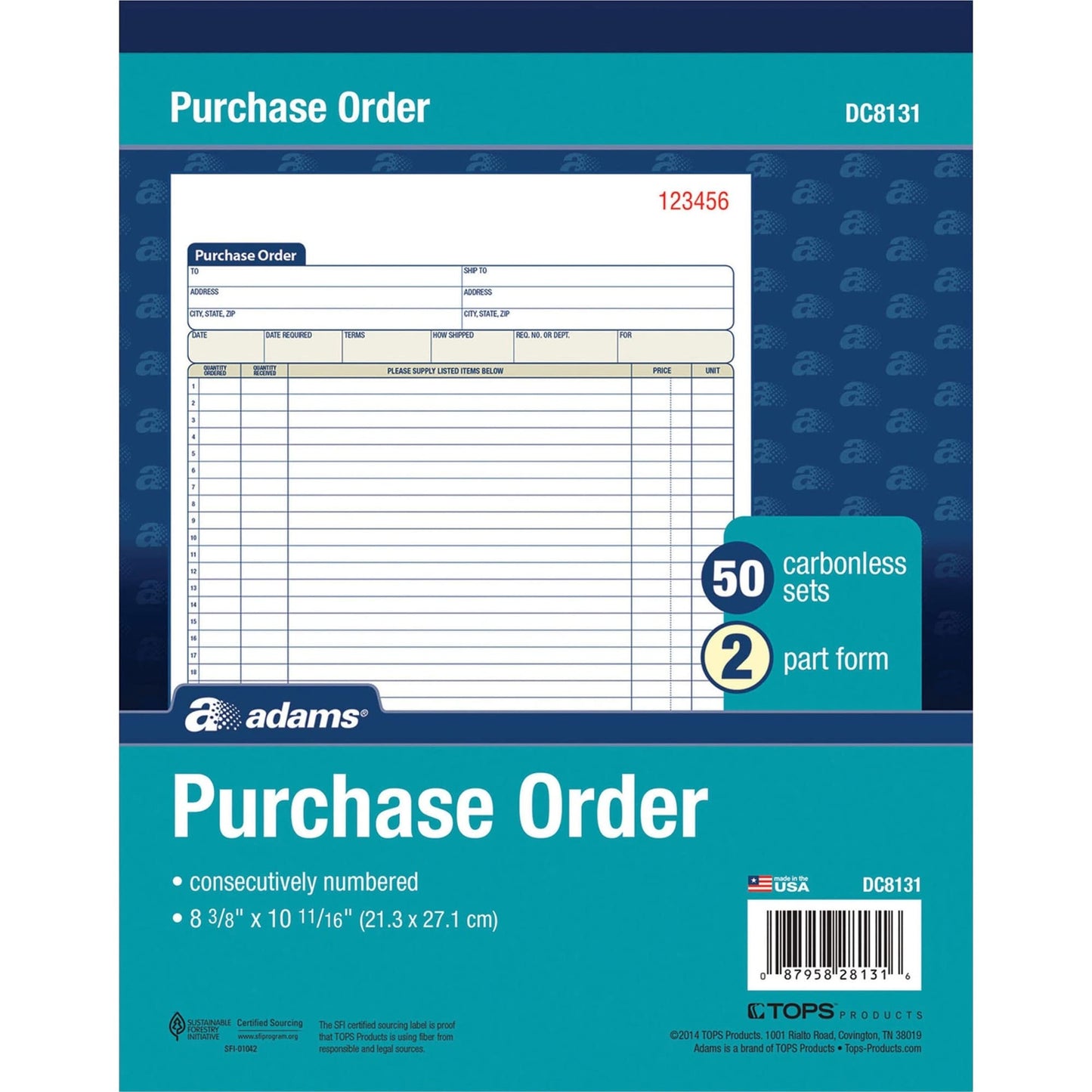 Adams, ABFDC8131, 2-Part Carbonless Purchase Order Book, 1 Each, White