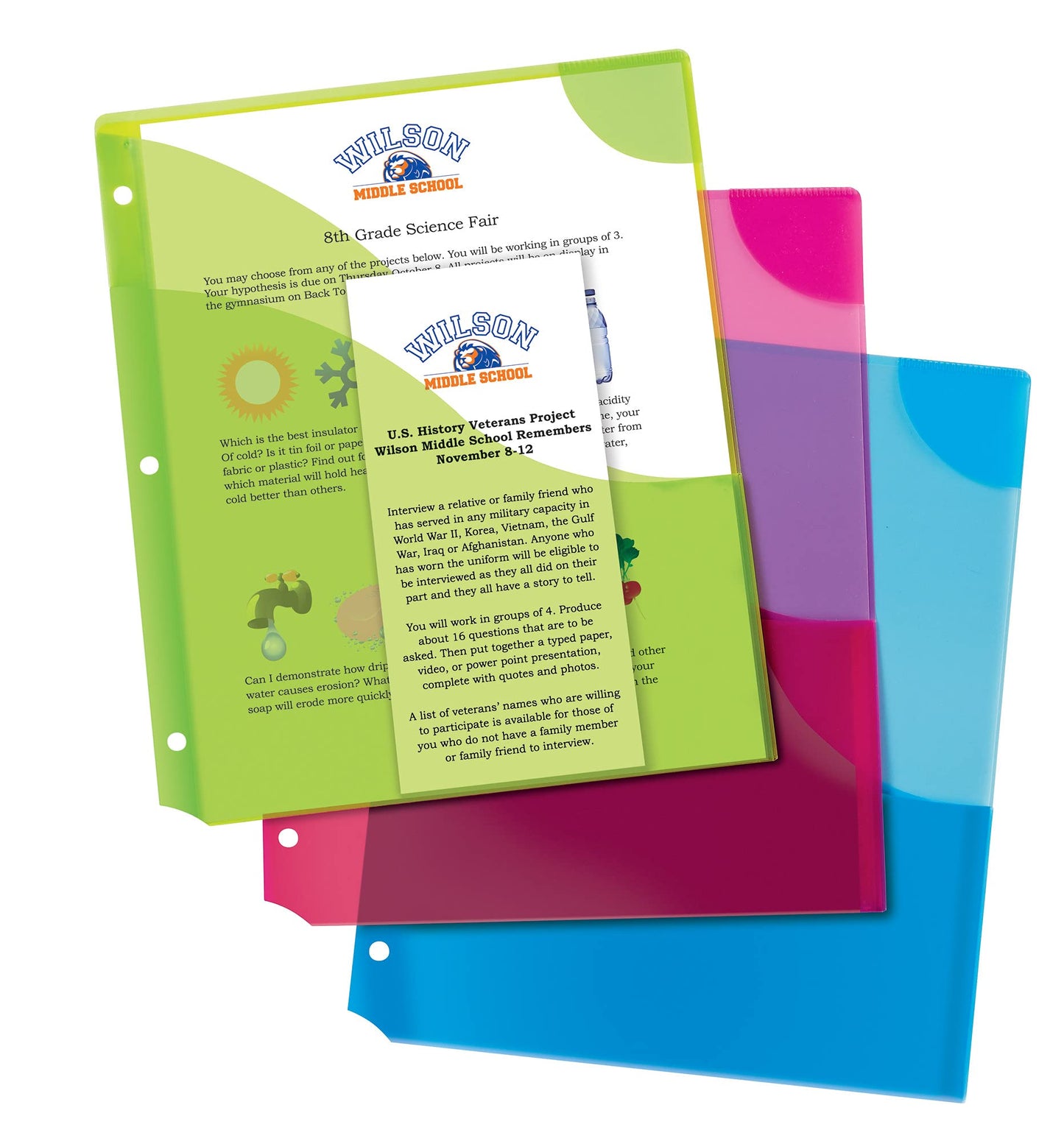 Avery Corner Lock 3 Pocket Binder Pockets for 3 Ring Binders, Assorted (Blue, Green and Pink), Pack of 3 Binder Pockets (75310)