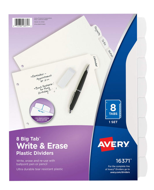 Avery Big Tab Write & Erase Durable Plastic Dividers for 3 Ring Binders, 8-Tab Set, White, 1 Set (16371)