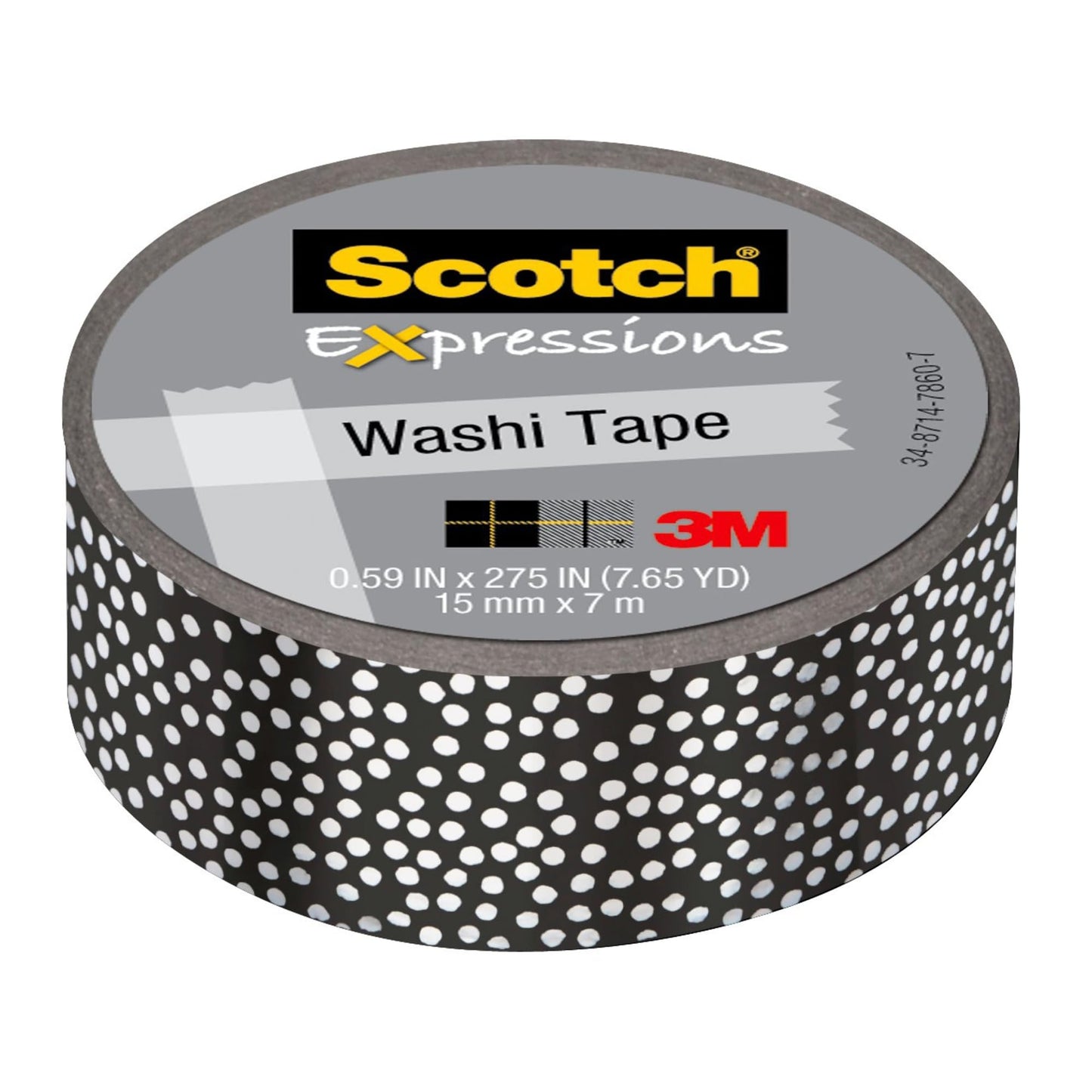 Scotch® Expressions Washi Tape, 0.59" x 22.9', Black/Silver Foil Dots