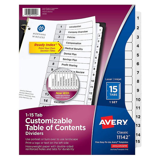 Avery 11142 Ready Index Toc Dividers, Tabs 1-15, Letter Size, White, 15 Tabs/St