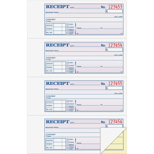 Adams Money and Rent Receipt Book, 2-Part, Carbonless, White/Canary, 7-5/8" x 10-7/8", Bound Wraparound Cover, 200 Sets per Book, 4 Receipts per Page (DC1182)