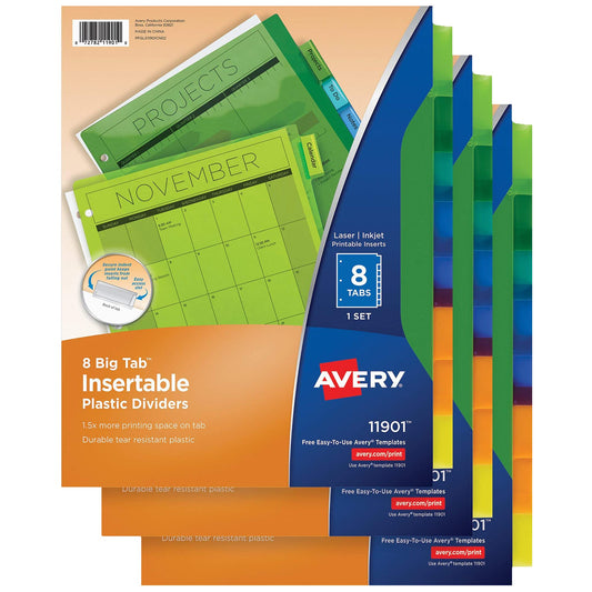 Avery Big Tab Insertable Plastic Dividers for 3 Ring Binders, 8-Tab Sets, Multicolor, 3 Sets (11901)
