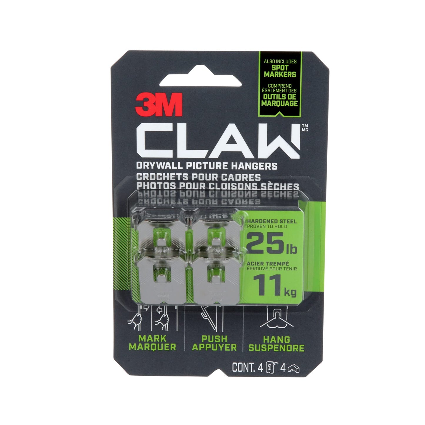 3M CLAW Drywall Picture Hanger 25 lb with Temporary Spot Marker 3PH25M-4ES,Silver