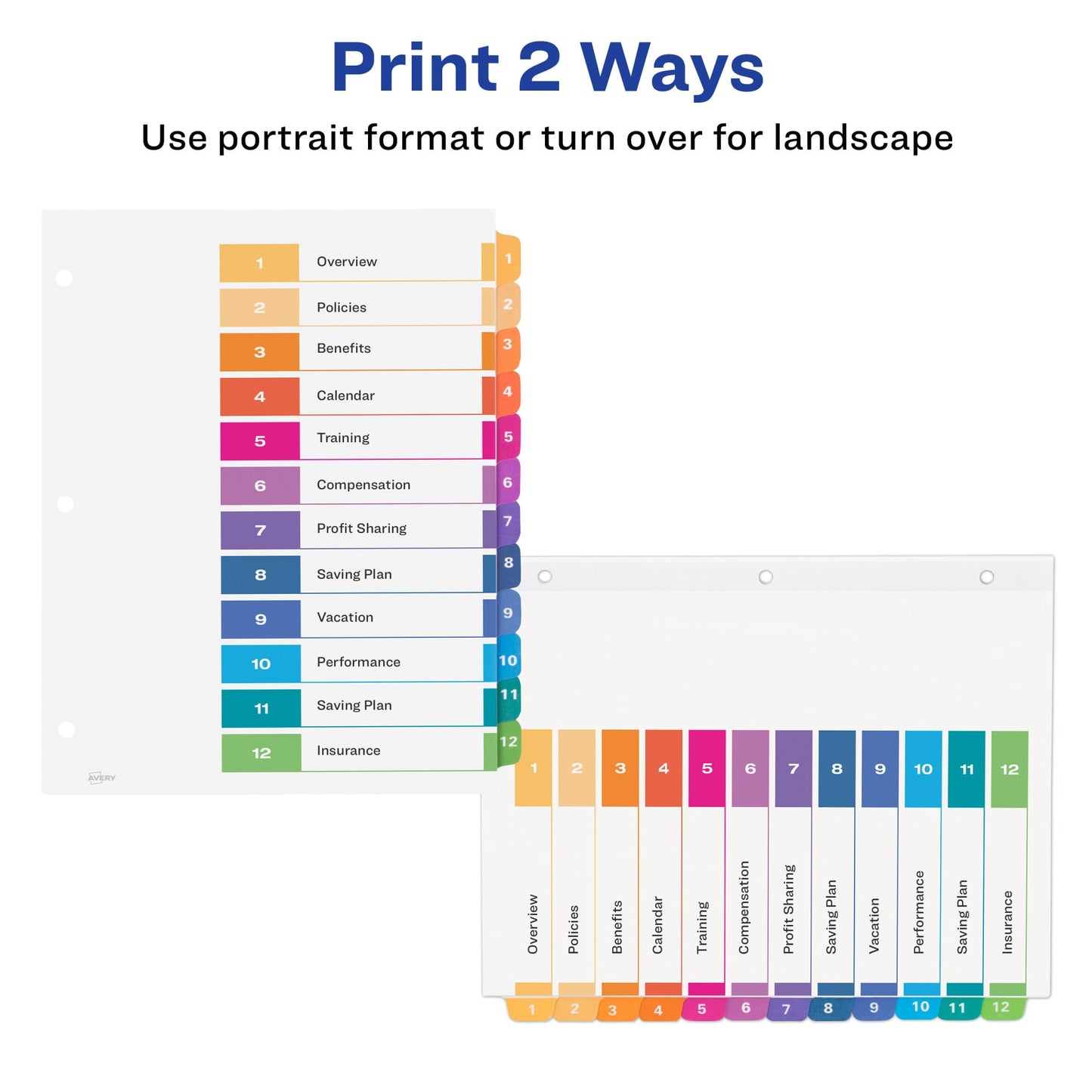 Avery 12 Tab Dividers for 3 Ring Binders, Customizable Table of Contents, Multicolor Tabs, 1 Set (11141)