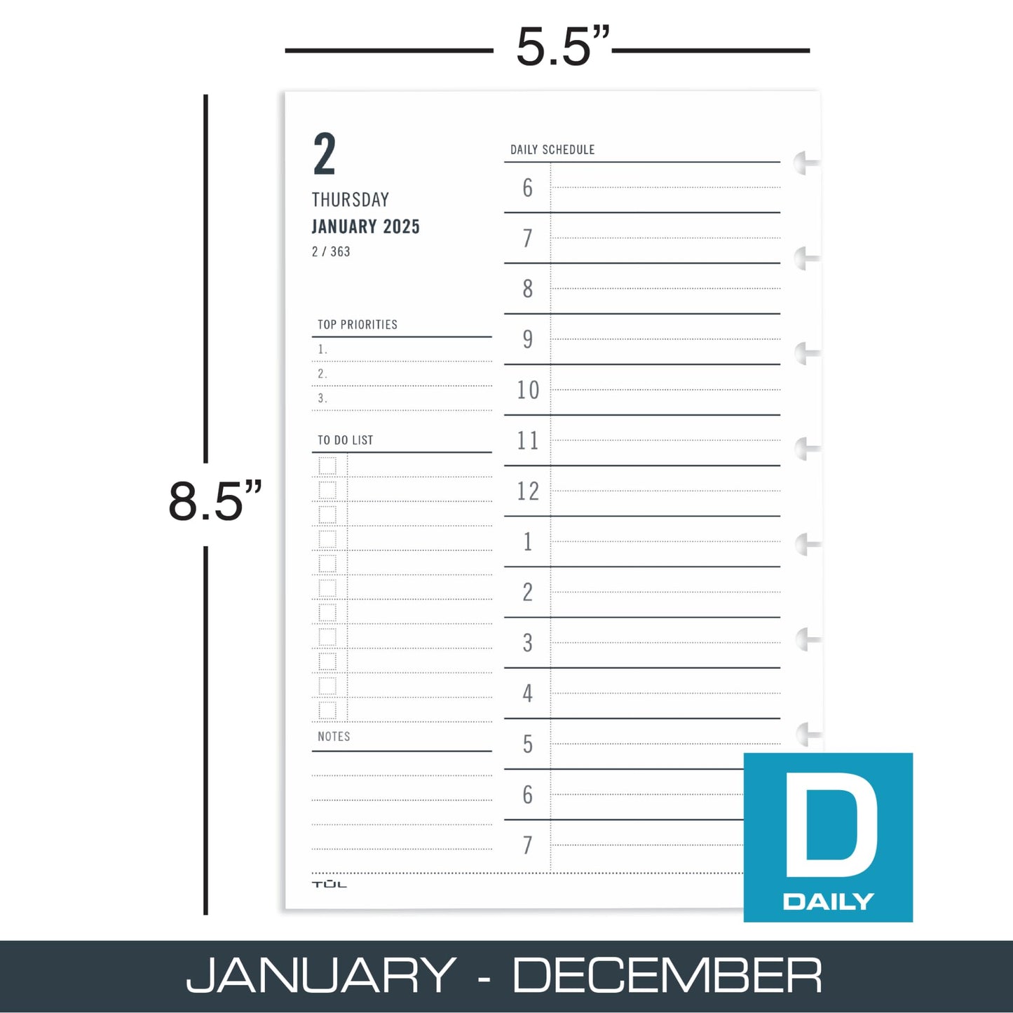 2025 TUL® Discbound Daily Planner Refill Pages, Junior Size, January to December