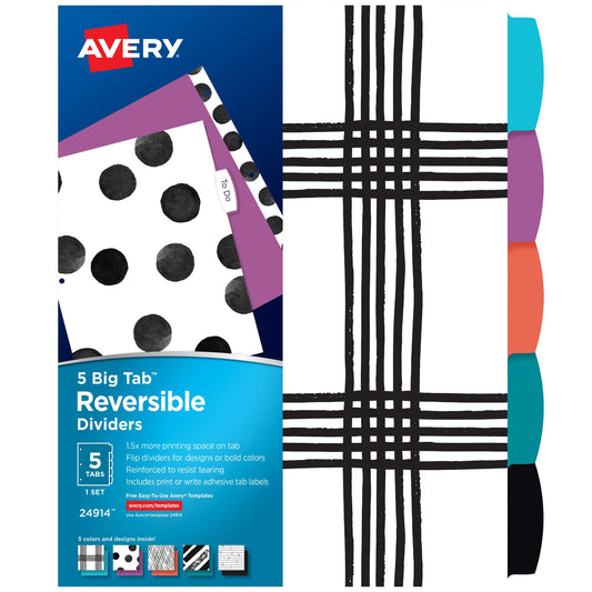 Avery Big Tab Reversible Fashion Dividers for 3 Ring Binders, 5 Tab Set, Black and White Pattern, 1 Set (24914)