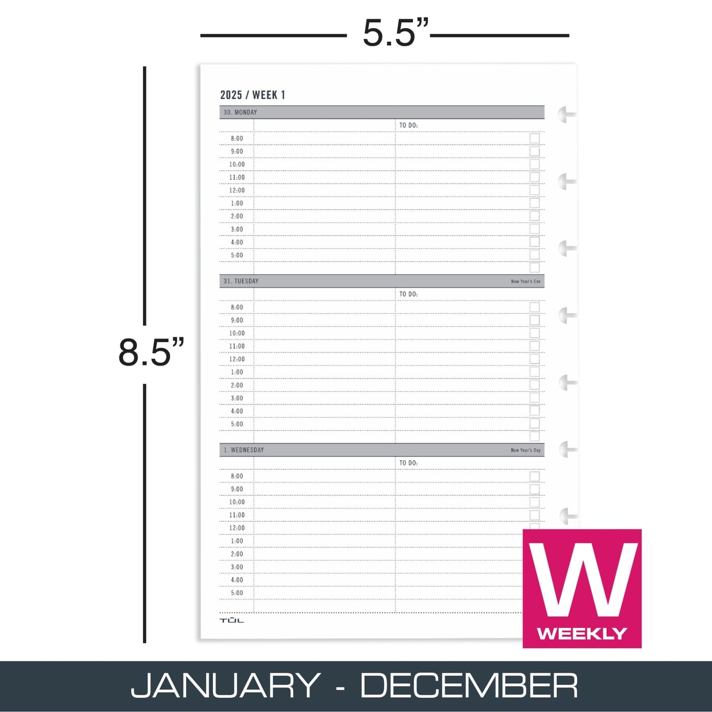 2025 TUL® Discbound Weekly Planner Refill Pages, Junior Size, January To December