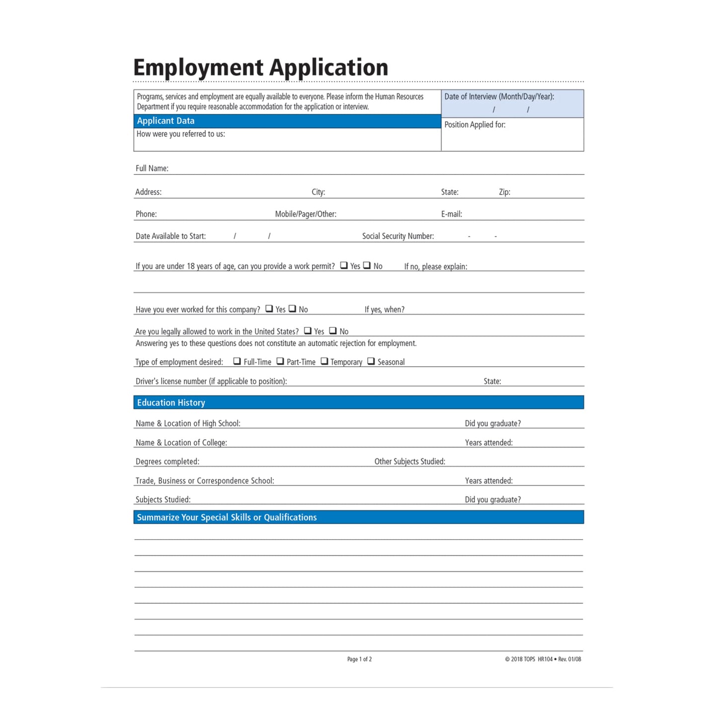 Adams Application for Employment, Forms and Instructions, 50 Forms per Pack (HR104) , White