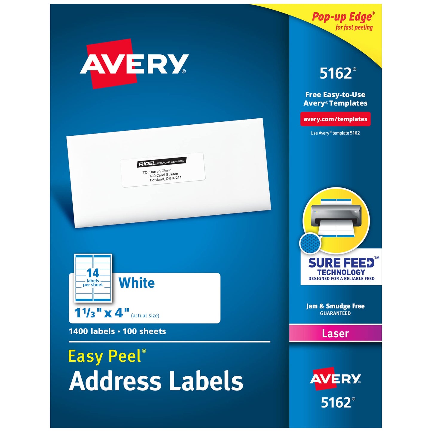 Avery Easy Peel Mailing Labels for Laser Printers, 1.33 x 4 Inches, 14-Up, White, Box of 1400 (05162)