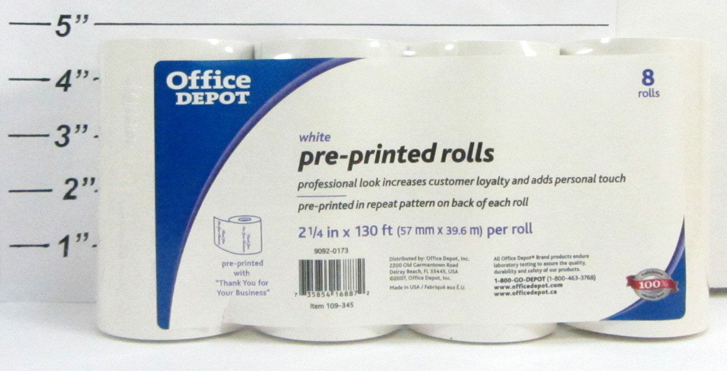 Office Depot Pre-Printed Rolls 2 1/4 In. x 130ft., White, Pack of 8 (109-345)