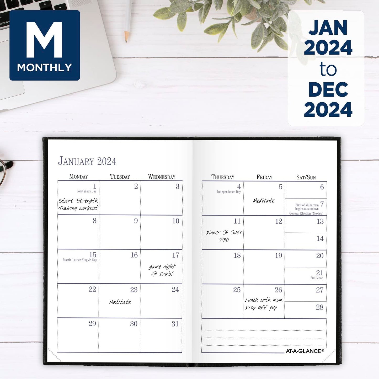 AT-A-GLANCE Fine Diary 2024 Weekly & Monthly Diary, 2-3/4" x 4-1/4", Pocket Size, Black (72010524)