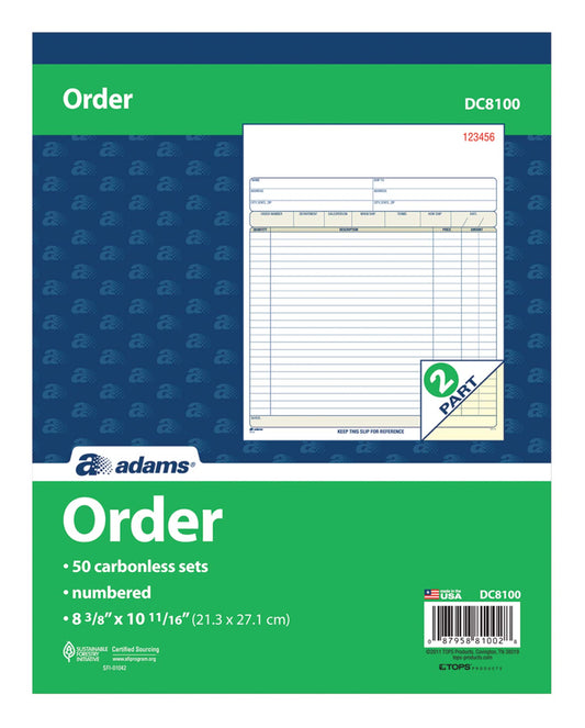 Adams Order Book, 2-Part, Carbonless, White/Canary, 8-3/8 x 10-11/16 Inches, 50 Sets per Book (DC8100) , 1 pack