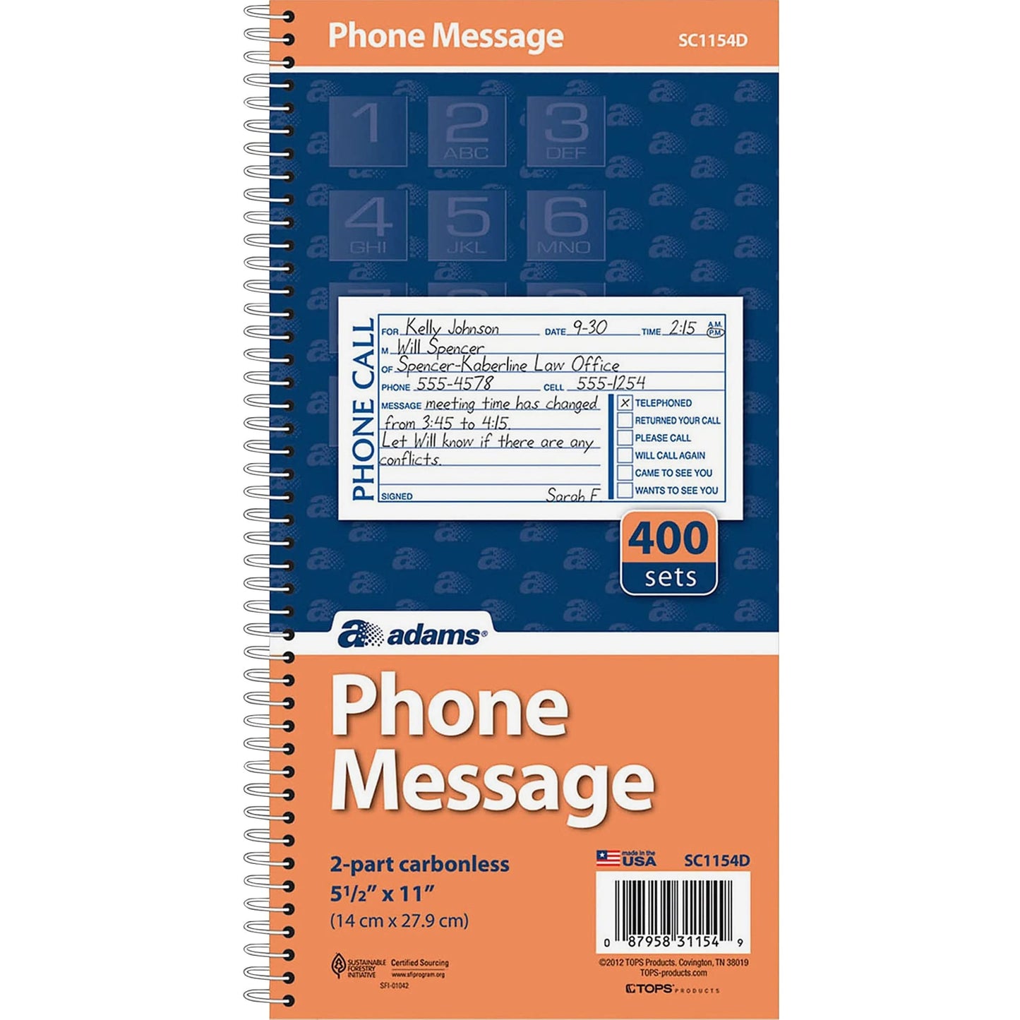 Adams Phone Message Book, Carbonless Duplicate, 5.50 x 11 Inches, 4 Sets per Page, 400 Sets per Book (SC1154D)