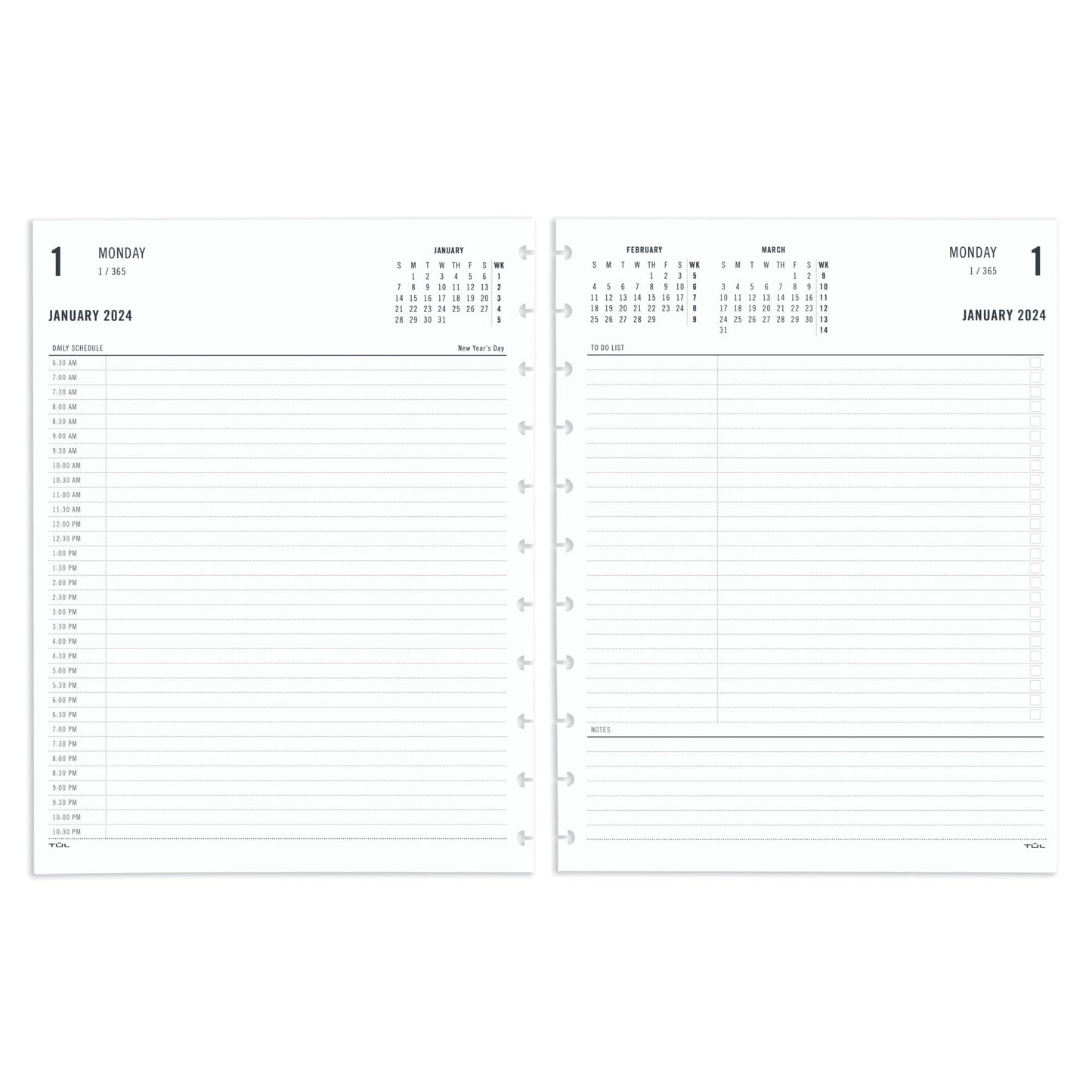 2024 TUL® Discbound Daily Planner Refill Pages, Half-Hourly Appointment Times, Letter Size, January to December