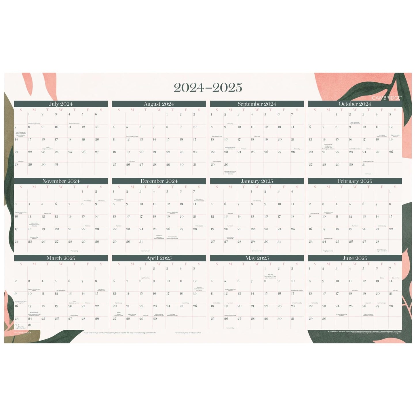 2024-2025 Cambridge® Haven Reversible Academic Year/Regular Year Erasable Wall Calendar, 24" x 36", Floral, July to June