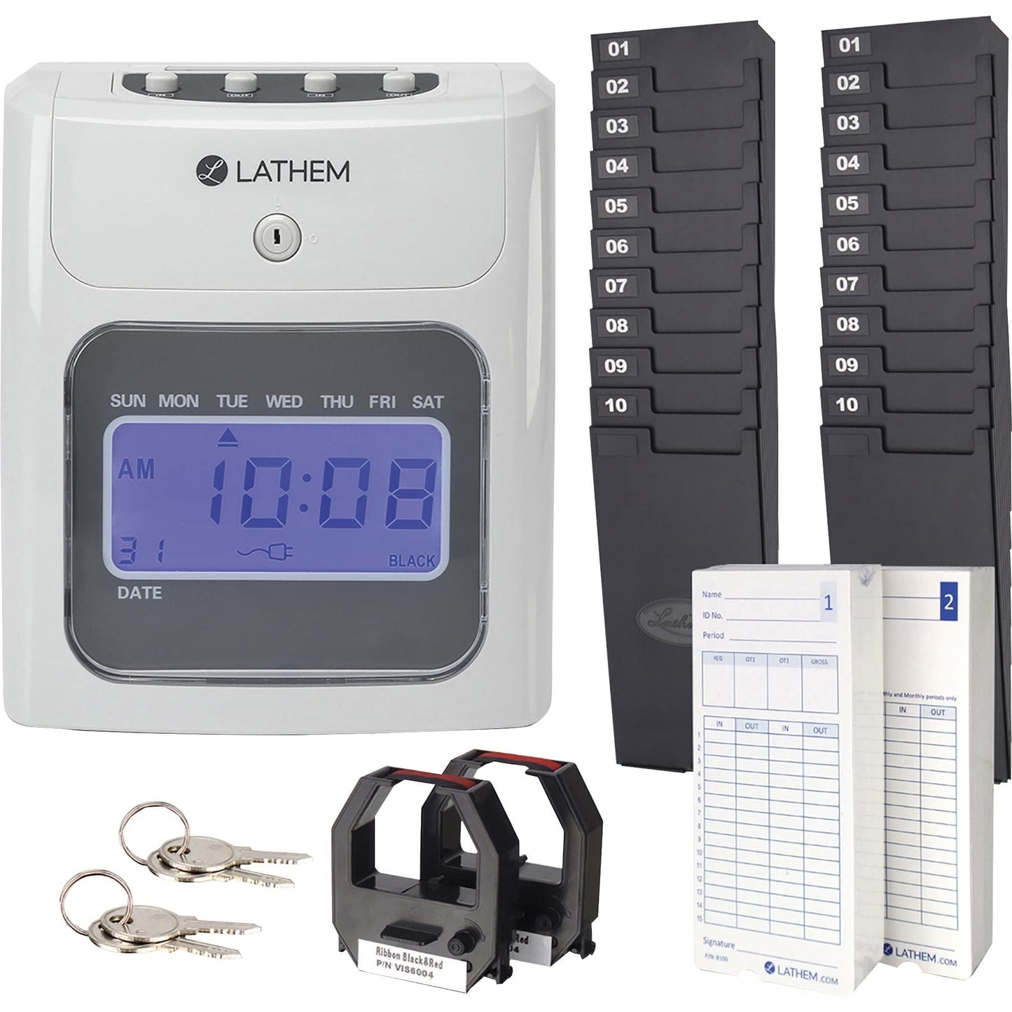 Lathem 400E-KIT Top-Feed Electronic Time Clock Bundle Kit, Includes 200 Lathem E14 Time Cards, 2 Ten Pocket Time Card Racks, 2 Ribbons and Keys (400E-KIT)