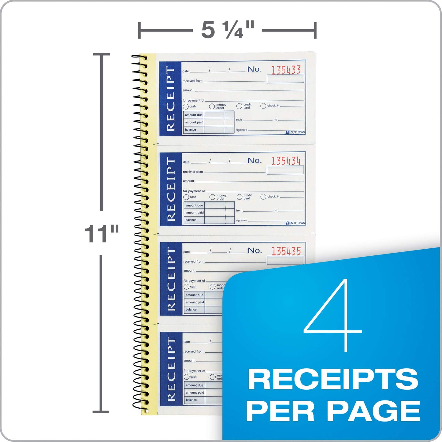 Adams Write n' Stick Receipt Book, 2-Part, Carbonless, White/Canary, 5-1/4" x 11", Spiral Bound, 200 Sets per Book, 4 Receipts per Page (SC1152WS)