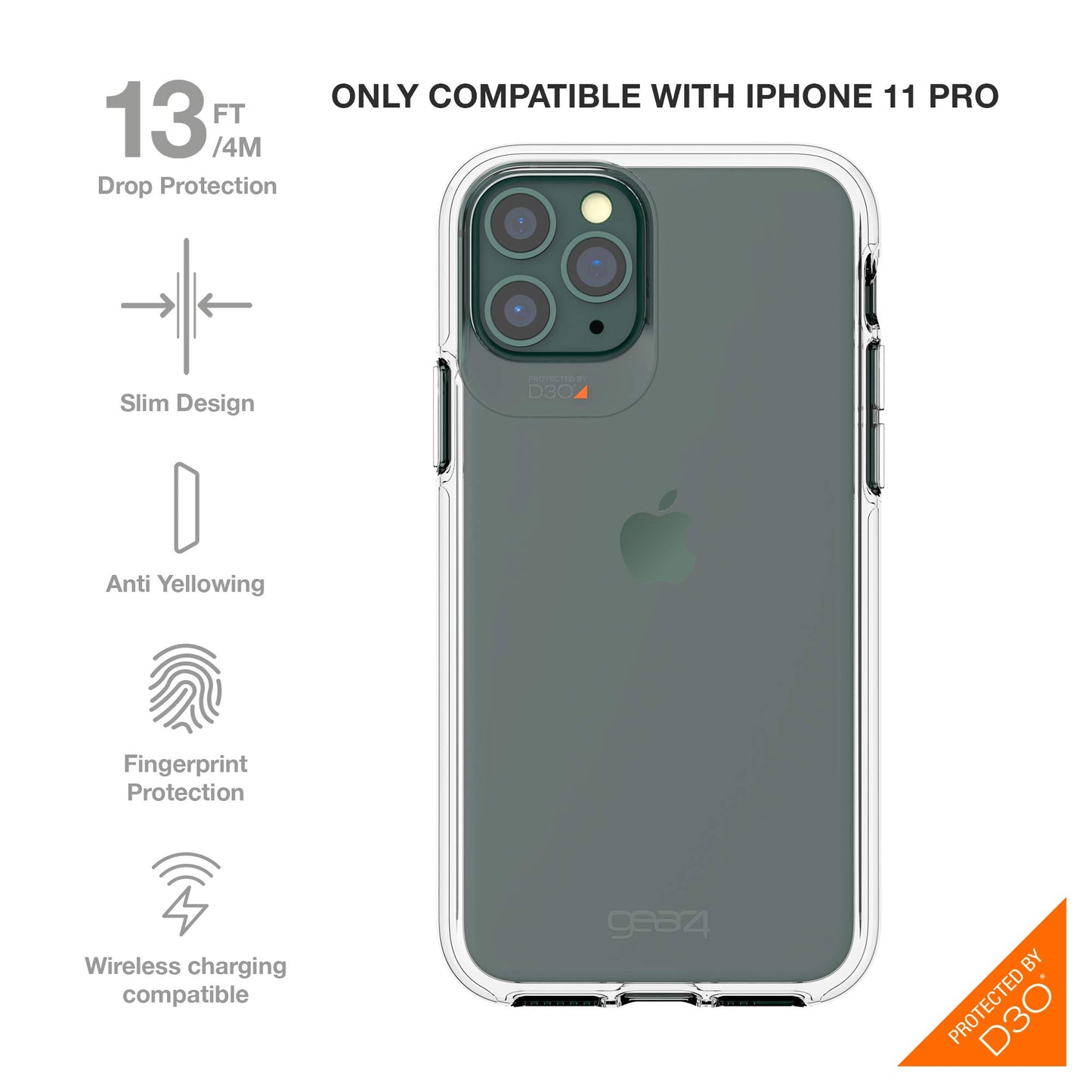 ZAGG Gear4 Crystal Palace Compatible with iPhone 11 Pro Case, Advanced Impact Protection with Integrated D3O Technology, Anti-Yellowing, Phone Cover � Transparent, Crystal Clear (36577)