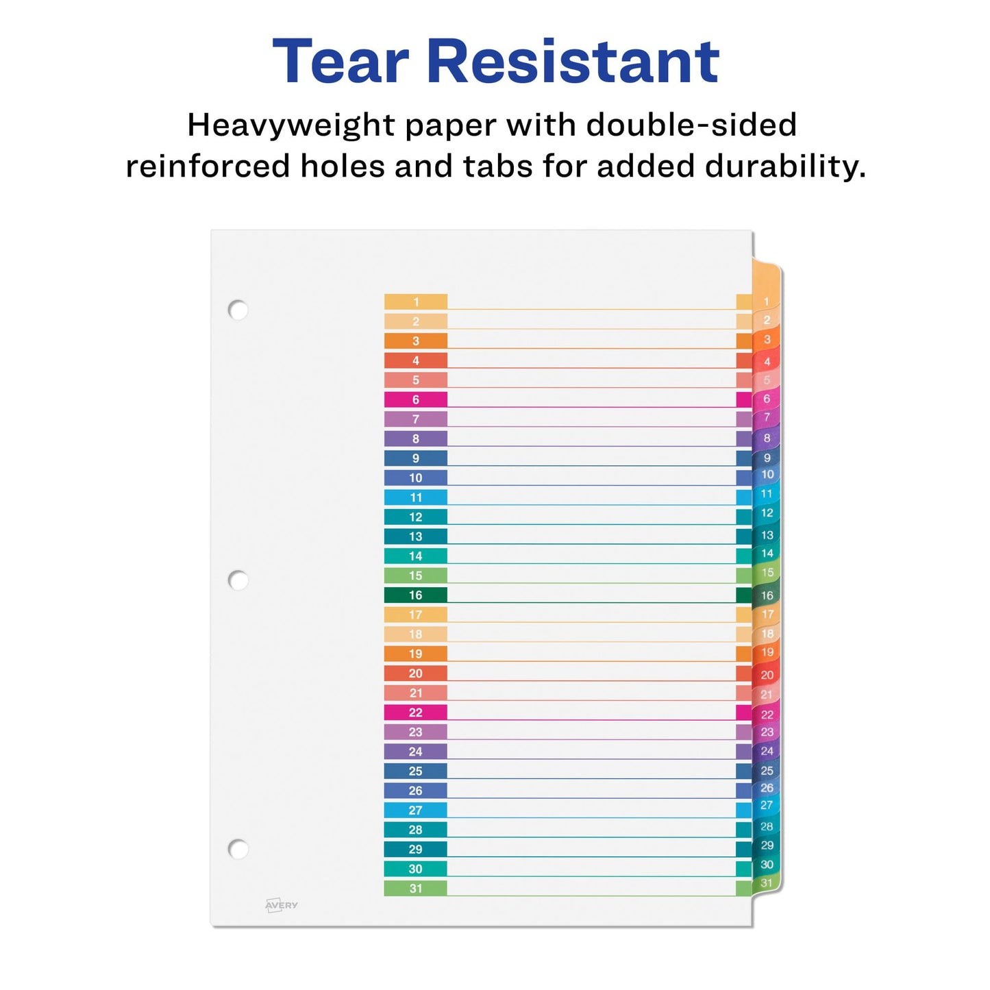 Avery 1-31 Tab Dividers for 3 Ring Binders, Customizable Table of Contents, Multicolor Tabs, 1 Set (11129)