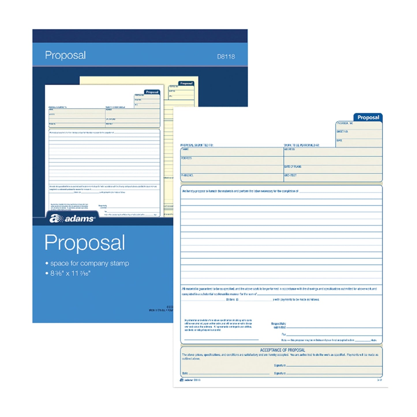 Adams Proposal Book, 2-Part with Carbon, 8.38 x 11.44 Inches, White, 50 Sheets (D8118)