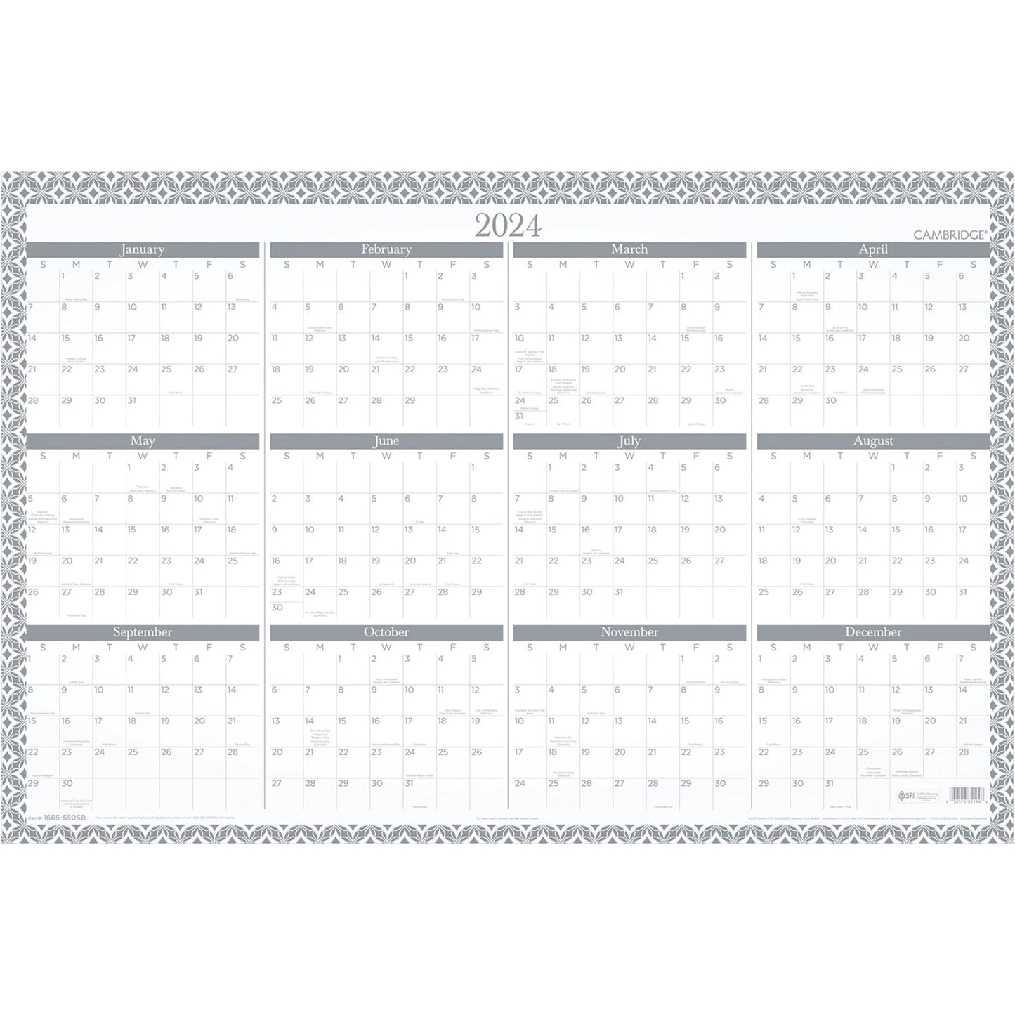 Cambridge 2023-2024 Erasable Wall Calendar, 24" x 36", Large, Academic & Regular Year, Dry Erase, Reversible, Vertical/Horizontal, Maeve (1665-550SB)